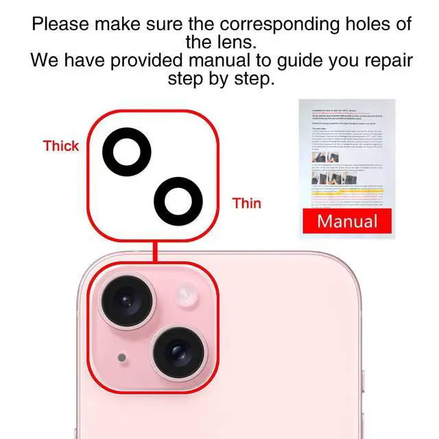 Alt view image 7 of 7 - Back Rear Camera Lens Glass Replacement for iPhone 15 6.1 inch and 15 Plus 6.7 inch with Pre-Installed Adhesive, Back Lens Glass with Installation Manual + Repair Tool Set