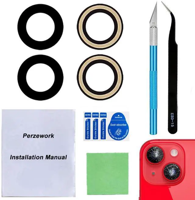 Main image of OEM Back Rear Camera Lens Glass Replacement for iPhone 14 and iPhone 14 Plus with pre-installed adhesive and Reparing Toolkit