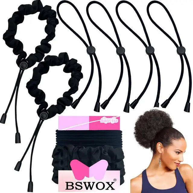 Main image of 6 Pcs Black Large Adjustable Length Satin Hair Ties for Afro Puff, Heavy and Curly Hair, Silk Soft Ponytail Holders - Perfect for Medium to Thick Hair