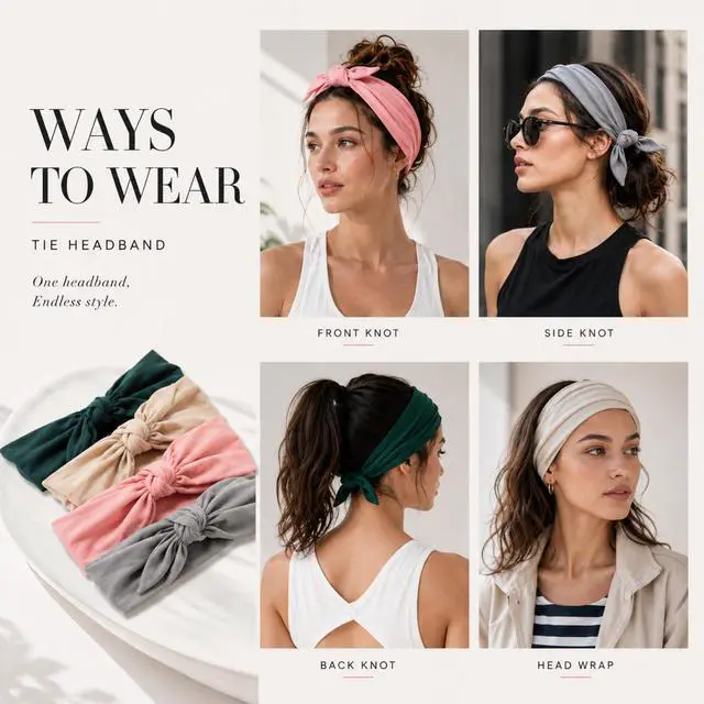 Alt view image 3 of 7 - 6 Pcs Tie Headband for Women Adjustable Bandana Sports Head Scarf | Single Color Style, Knotted African Turban Hairband, Elastic Non Slip Wide Headband, for Running Hiking Cycling Yoga Workout