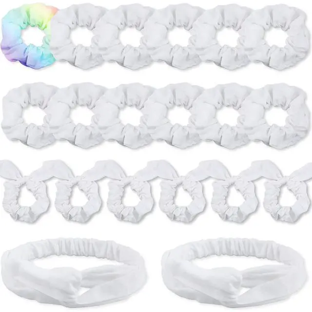 Main image of White Scrunchies for Tie Dye, DIY Cotton Bow Scrunchies, Headbands, 3 Kinds of Party Activities Hair Accessories for Girls and Women, 20 Pieces