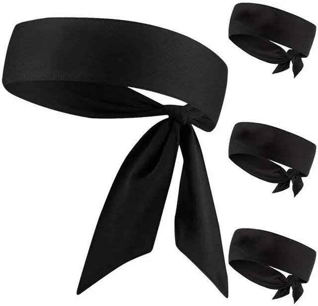 Main image of Black Head Tie Headband, Tie Up Sweatband for Tennis Sweat Hair Band Ninja Karate Pirates Basketball, Running, Workout for Men Women Boys Girls (Black 4 Pack)