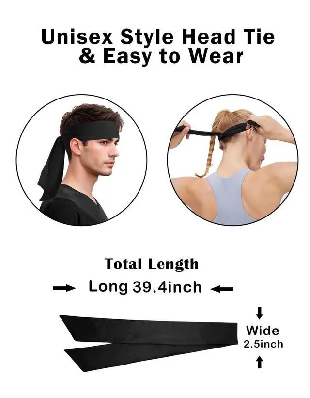 Alt view image 3 of 7 - Black Head Tie Headband, Tie Up Sweatband for Tennis Sweat Hair Band Ninja Karate Pirates Basketball, Running, Workout for Men Women Boys Girls (Black 4 Pack)