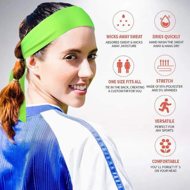 Alt view image 2 of 6 - 12 Pieces Unisex Tennis Tie Headband, Dry Head Tie Sport Tie Back Headband for Basketball, Running, Tennis, Karate, Athletics (Neon Color, One Size, Black, 5.5 cm Wide, Polyester)