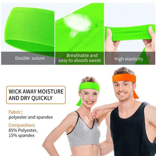 Alt view image 4 of 6 - 12 Pieces Unisex Tennis Tie Headband, Dry Head Tie Sport Tie Back Headband for Basketball, Running, Tennis, Karate, Athletics (Neon Color, One Size, Black, 5.5 cm Wide, Polyester)