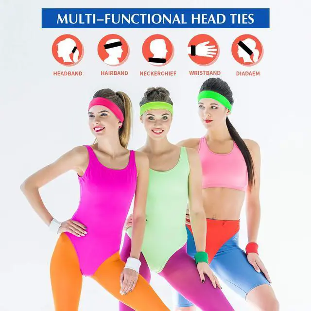 Alt view image 5 of 6 - 12 Pieces Unisex Tennis Tie Headband, Dry Head Tie Sport Tie Back Headband for Basketball, Running, Tennis, Karate, Athletics (Neon Color, One Size, Black, 5.5 cm Wide, Polyester)