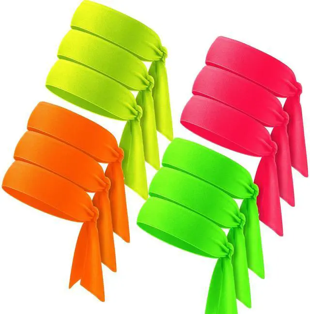 Main image of 12 Pieces Unisex Tennis Tie Headband, Dry Head Tie Sport Tie Back Headband for Basketball, Running, Tennis, Karate, Athletics (Neon Color, One Size, Black, 5.5 cm Wide, Polyester)