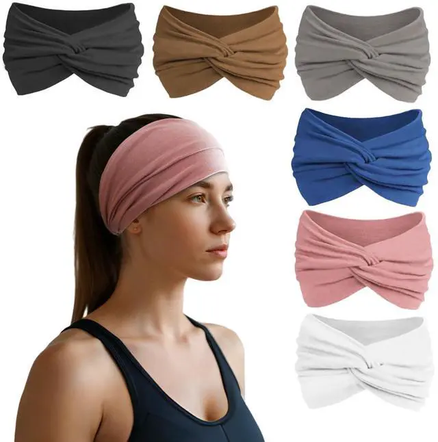 Main image of Headbands for Women, Non Silp Wide Hair Bands, Elastic Thick Head Bands, Stretchy Soft Sports Sweat Bands for Spa Workout Running Gym, Twist Knotted Cotton Cloth Turban Hair Accessories 6Pcs