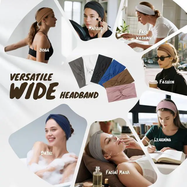 Alt view image 4 of 6 - Headbands for Women, Non Silp Wide Hair Bands, Elastic Thick Head Bands, Stretchy Soft Sports Sweat Bands for Spa Workout Running Gym, Twist Knotted Cotton Cloth Turban Hair Accessories 6Pcs