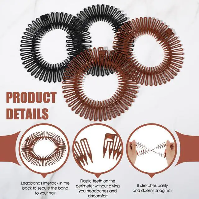 Alt view image 3 of 6 - 4PCS Flexible Headbands,Circular Stretch Comb Headband Zig Zag Plastic Circle Headbands Plastic Black Brown Circle Spring Headband Flexible Hair Wrap Holder Hairs Comb for Women Hair Accessories