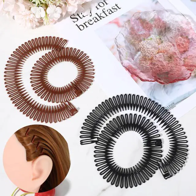 Alt view image 5 of 6 - 4PCS Flexible Headbands,Circular Stretch Comb Headband Zig Zag Plastic Circle Headbands Plastic Black Brown Circle Spring Headband Flexible Hair Wrap Holder Hairs Comb for Women Hair Accessories
