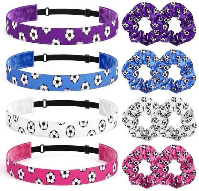 Main image of 12 Pcs Soccer Gifts for Girls 4 Soccer Headbands 8 Hair Scrunchies | Adjustable No Slip Hairbands, Elastic Hair Ties, Colorful Ponytail Holders, Football Sport Accessories, for Women Player Team