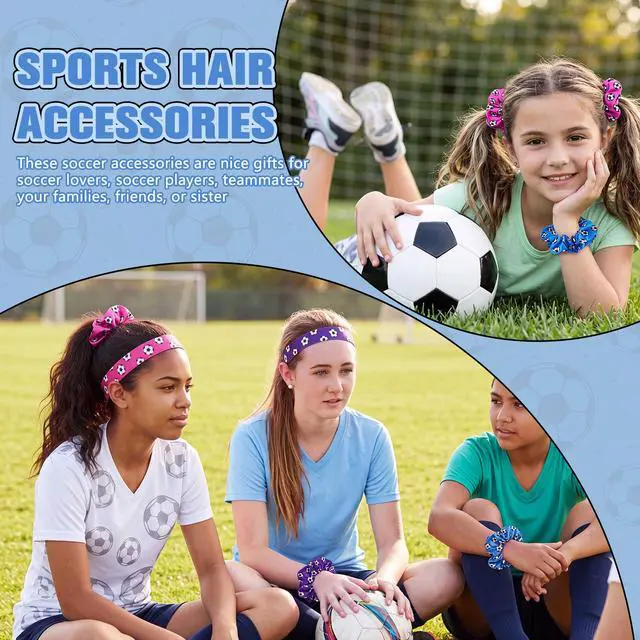 Alt view image 2 of 6 - 12 Pcs Soccer Gifts for Girls 4 Soccer Headbands 8 Hair Scrunchies | Adjustable No Slip Hairbands, Elastic Hair Ties, Colorful Ponytail Holders, Football Sport Accessories, for Women Player Team