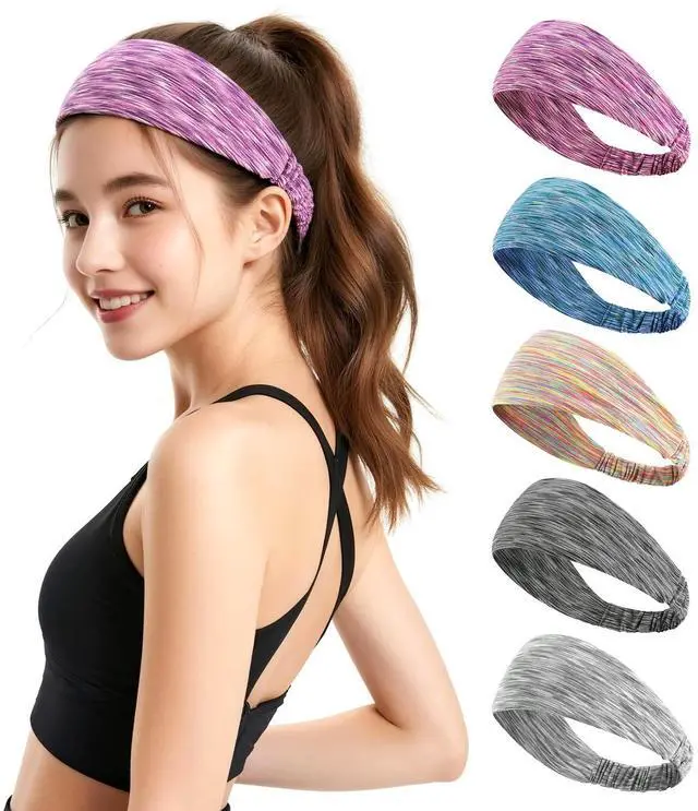 Main image of Sweat Headbands for Women - Moisture Wicking Wide Yoga Headband, Non Slip Soft Elastic Sports Headbands for Workout, Running, Gym - 5 Pack Colorful Assorted