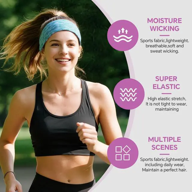 Alt view image 2 of 7 - Sweat Headbands for Women - Moisture Wicking Wide Yoga Headband, Non Slip Soft Elastic Sports Headbands for Workout, Running, Gym - 5 Pack Colorful Assorted