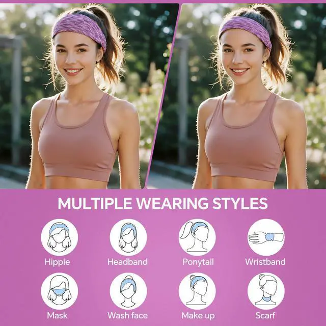Alt view image 7 of 7 - Sweat Headbands for Women - Moisture Wicking Wide Yoga Headband, Non Slip Soft Elastic Sports Headbands for Workout, Running, Gym - 5 Pack Colorful Assorted