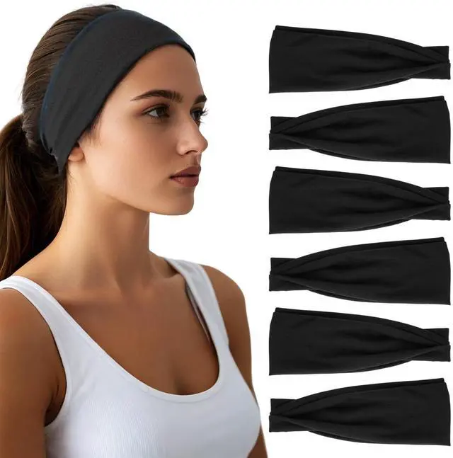 Main image of Headbands for Women Men, Wide Thick Workout Non Slip Sports Hair Bands | Black Elastic Running Sweatbands, 6 Pcs Stretchy Soft Thin Head Band for Fashion, Headband for Washing Face Yoga Daily Use