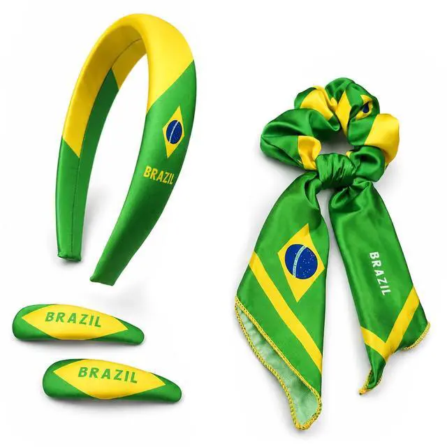 Main image of Brazil Flag Women 4-Piece Hair Accessory Set | Hair Ties Headbands for Women Hair Clips Longtail Bow Scrunchie