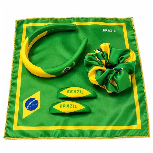 Alt view image 2 of 6 - Brazil Flag Women 4-Piece Hair Accessory Set | Hair Ties Headbands for Women Hair Clips Longtail Bow Scrunchie