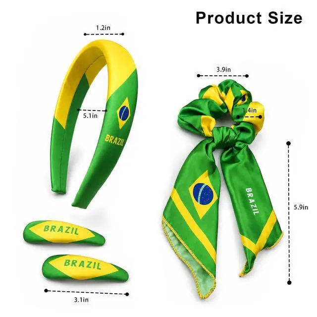 Alt view image 3 of 6 - Brazil Flag Women 4-Piece Hair Accessory Set | Hair Ties Headbands for Women Hair Clips Longtail Bow Scrunchie