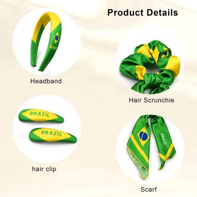 Alt view image 4 of 6 - Brazil Flag Women 4-Piece Hair Accessory Set | Hair Ties Headbands for Women Hair Clips Longtail Bow Scrunchie
