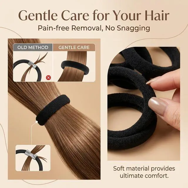 Alt view image 2 of 7 - 180Pcs Black Hair Ties No Damage for Thick Hair, High Stretch Hair Bands, Seamless Cotton Ponytail Holders for Women Girls or Men, Ouchless Elastic Hair Ties for Gym & Daily Use