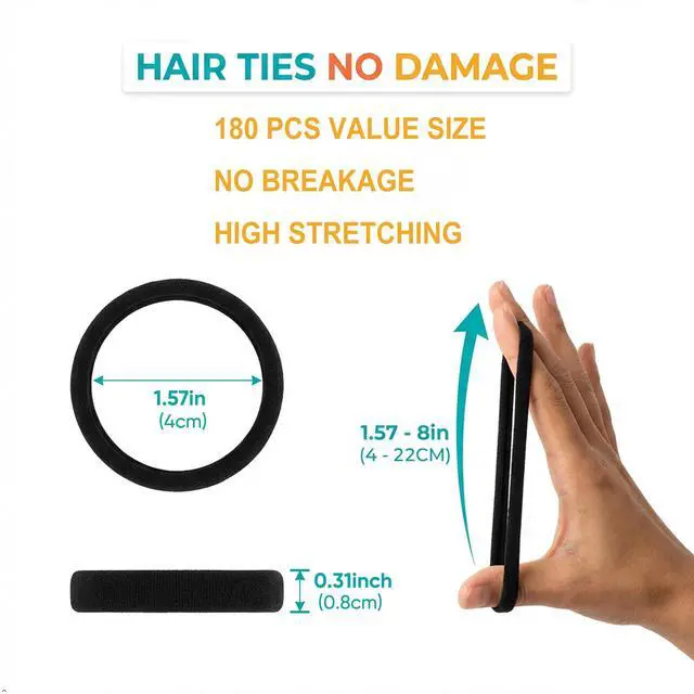 Alt view image 3 of 7 - 180Pcs Black Hair Ties No Damage for Thick Hair, High Stretch Hair Bands, Seamless Cotton Ponytail Holders for Women Girls or Men, Ouchless Elastic Hair Ties for Gym & Daily Use
