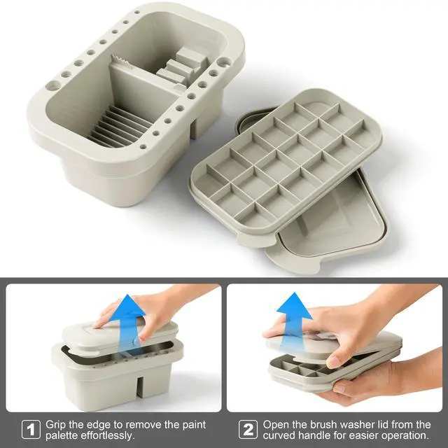 Alt view image 4 of 7 - Paint Brush Cleaner, Paint Brush Holder with Palette, Grey | 18 mixing wells, 16 slots fitting 0.24-0.63 in diameters, 3 washing compartments, removable tray lid