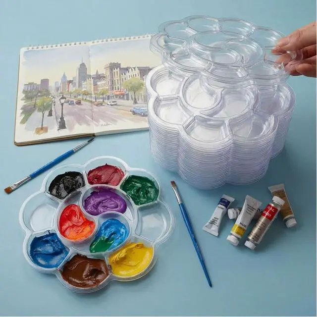 Alt view image 4 of 7 - Paint Tray Palettes, 50 Pack, One Time Use Plastic, Transparent 5.9 Inch | Mini Watercolor Painting Palettes for Students, Kids, Paint Holder, DIY Craft Class, Paintings