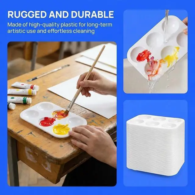 Alt view image 3 of 7 - 100 Pack White Art Paint Tray Palette, Rectangular Plastic Paint Tray for Kids, Adult, Student Watercolor Craft DIY Art Painting, 6 Wells, Easy to Clean