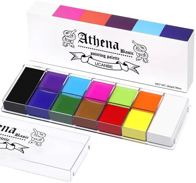 Main image of Athena Basic Face Body Paint Oil Palette, 12 Color Large Black White Professional Face Painting Makeup Kit, Facepaint Pallet for Halloween SFX Party Art Stage Costume Cosplay Clown Goth Make Up