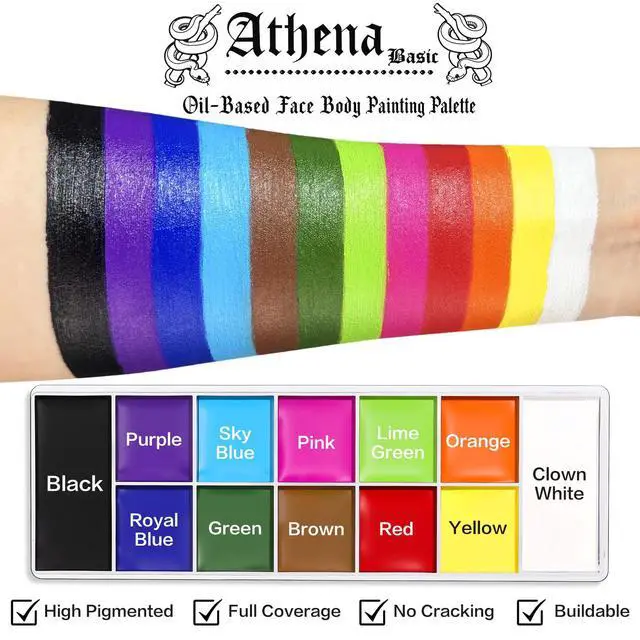 Alt view image 2 of 7 - Athena Basic Face Body Paint Oil Palette, 12 Color Large Black White Professional Face Painting Makeup Kit, Facepaint Pallet for Halloween SFX Party Art Stage Costume Cosplay Clown Goth Make Up