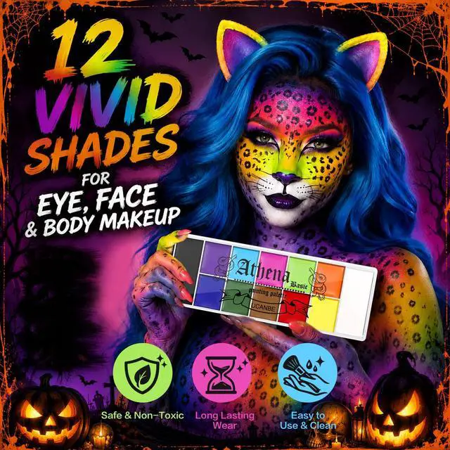 Alt view image 3 of 7 - Athena Basic Face Body Paint Oil Palette, 12 Color Large Black White Professional Face Painting Makeup Kit, Facepaint Pallet for Halloween SFX Party Art Stage Costume Cosplay Clown Goth Make Up