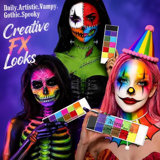 Alt view image 4 of 7 - Athena Basic Face Body Paint Oil Palette, 12 Color Large Black White Professional Face Painting Makeup Kit, Facepaint Pallet for Halloween SFX Party Art Stage Costume Cosplay Clown Goth Make Up