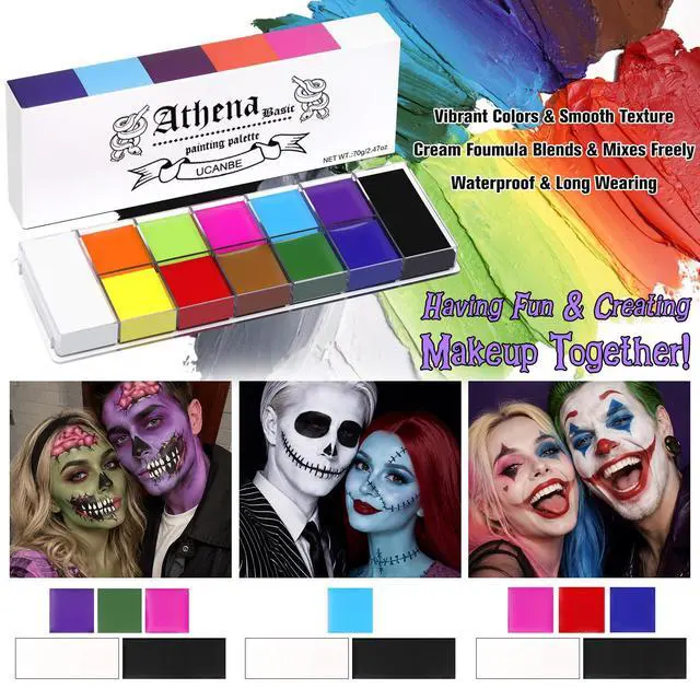Alt view image 6 of 7 - Athena Basic Face Body Paint Oil Palette, 12 Color Large Black White Professional Face Painting Makeup Kit, Facepaint Pallet for Halloween SFX Party Art Stage Costume Cosplay Clown Goth Make Up