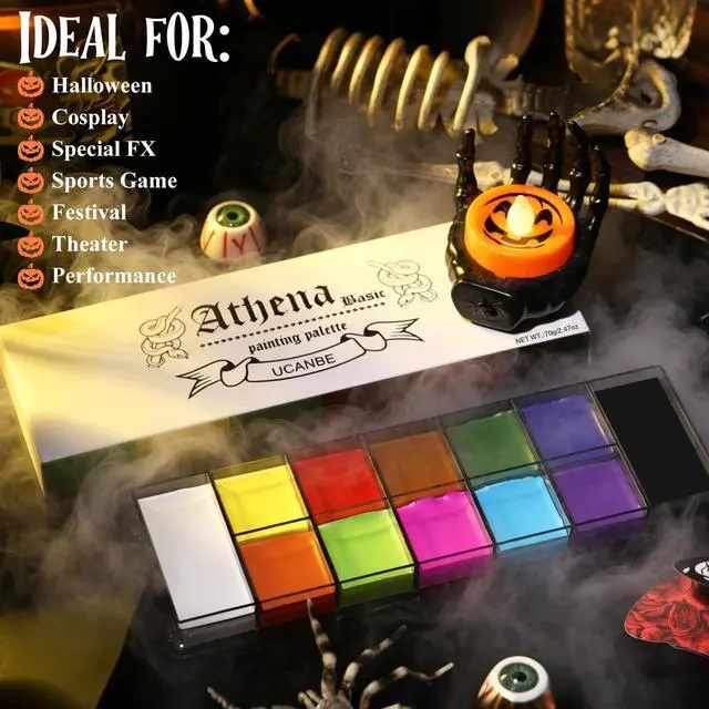 Alt view image 7 of 7 - Athena Basic Face Body Paint Oil Palette, 12 Color Large Black White Professional Face Painting Makeup Kit, Facepaint Pallet for Halloween SFX Party Art Stage Costume Cosplay Clown Goth Make Up