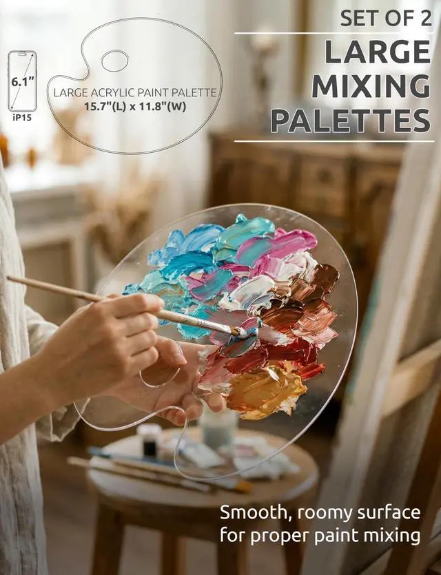 Alt view image 2 of 7 - Clear Acrylic Paint Palette, 2-Pack Oval Paint Trays, 15.7 x 11.8 in | Big Size Palette, Non-stick Surface, Suitable for Acrylic, Oil & Watercolor