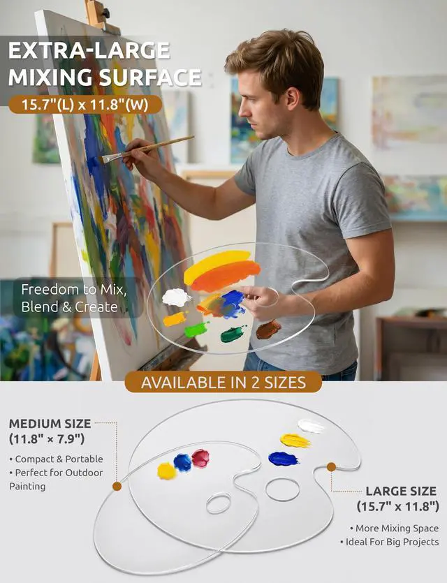 Alt view image 4 of 7 - Clear Acrylic Paint Palette, 2-Pack Oval Paint Trays, 15.7 x 11.8 in | Big Size Palette, Non-stick Surface, Suitable for Acrylic, Oil & Watercolor