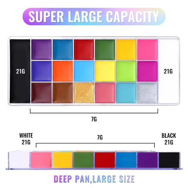 Alt view image 7 of 7 - Athena Face Body Paint Oil Palette, 20 Colors Large Black White Professional Flash Tattoo Halloween SFX Party Artist Costume Festival Stage Cosplay Full Size Makeup Painting Kit 168g