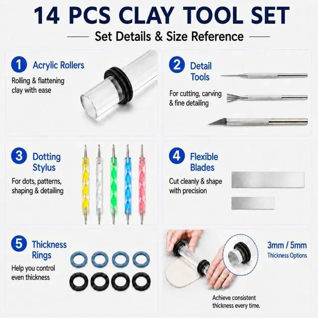 Alt view image 3 of 7 - 18 Pcs Polymer Clay Tools Kit, Rolling Pin with Thickness Rings | Air Dry Clay Jewelry Earring Making Set Sculpting, Small Acrylic Roller, Dotting, Tissue Blades Cutters Craft Knife, Needle