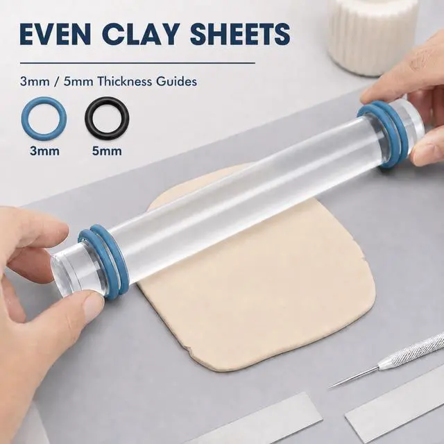 Alt view image 4 of 7 - 18 Pcs Polymer Clay Tools Kit, Rolling Pin with Thickness Rings | Air Dry Clay Jewelry Earring Making Set Sculpting, Small Acrylic Roller, Dotting, Tissue Blades Cutters Craft Knife, Needle