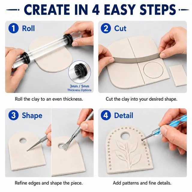 Alt view image 5 of 7 - 18 Pcs Polymer Clay Tools Kit, Rolling Pin with Thickness Rings | Air Dry Clay Jewelry Earring Making Set Sculpting, Small Acrylic Roller, Dotting, Tissue Blades Cutters Craft Knife, Needle