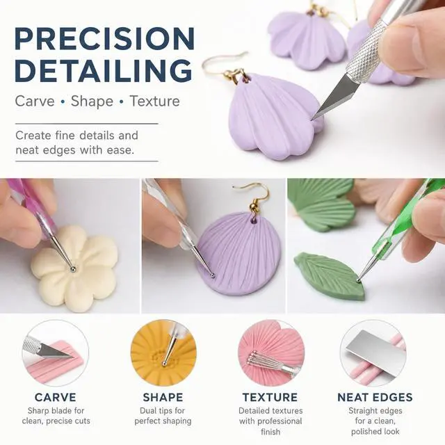 Alt view image 6 of 7 - 18 Pcs Polymer Clay Tools Kit, Rolling Pin with Thickness Rings | Air Dry Clay Jewelry Earring Making Set Sculpting, Small Acrylic Roller, Dotting, Tissue Blades Cutters Craft Knife, Needle