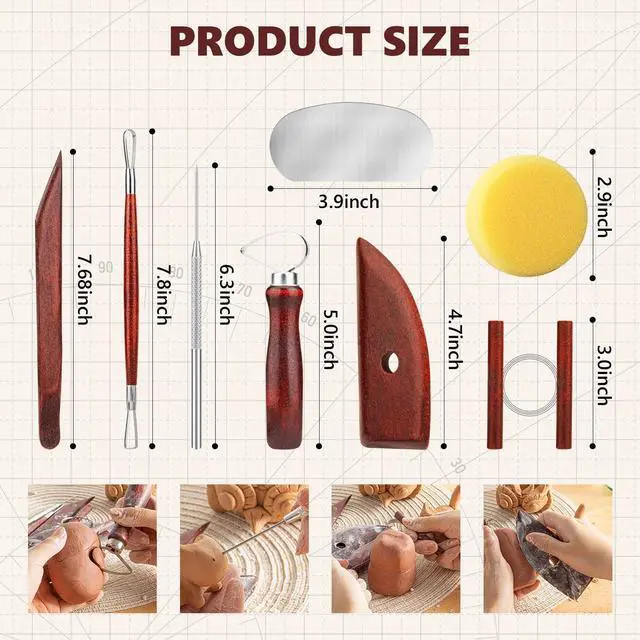 Alt view image 3 of 7 - 8PCS Stained Wooden Pottery Sculpting Tools, Wood Clay Cleaning Tool Set, Ceramic Modeling Tool for Carving, Molding, Cutting, Trimming, Pottery Wheel, Crafting, Beginners, Adults, Students