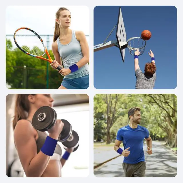 Alt view image 4 of 6 - 12 PCS Wrist Sweatbands Sports Wristband Sweat Absorbent Cotton Elastic Women Men for Basketball Tennis Football Running (Blue)
