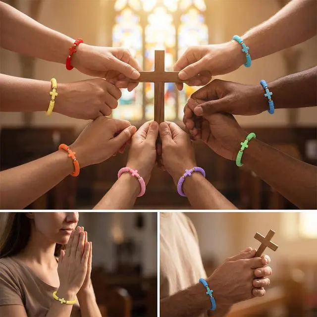 Alt view image 7 of 7 - 30 Pcs Cross Bracelet for Men Women Jesus Bracelets Bulk, Colorful Religious Gifts for Men Christian Jewelry with Handmade Elastic Silicone Bead, Inspirational Religious Wristbands Christian Christmas