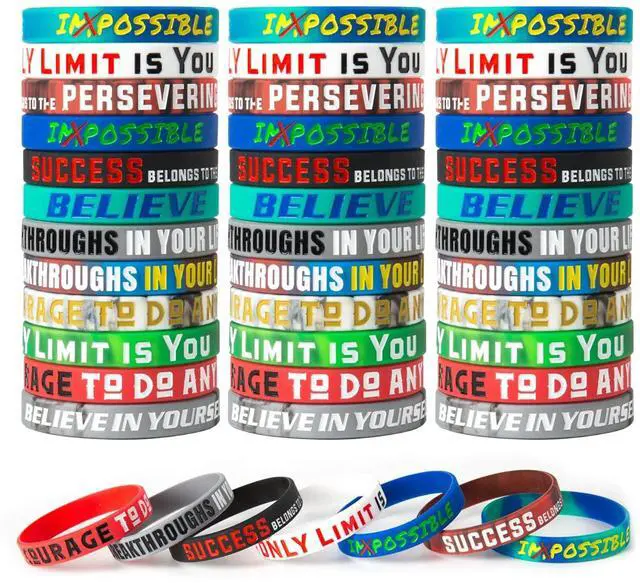 Main image of 12 Pcs Motivational Wristbands Silicone Bracelets | Rubber Bands Bulk For Gym Fitness Sports & Team Building, Elastic Unisex Adult Gifts For Men Women Teens Party