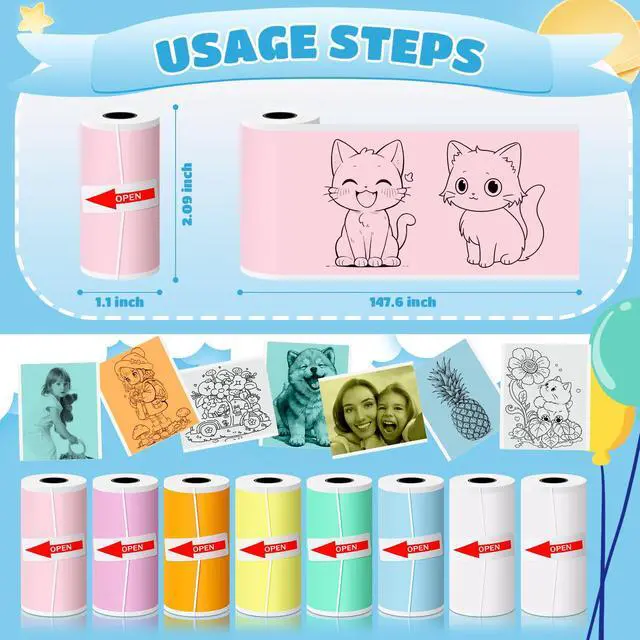 Alt view image 2 of 7 - 8 Rolls Self-Adhesive Mini Printer Paper, Compatible with T02/M02 Mini Thermal Printer, 53x28mm Mini Colorful Thermal Sticker Pape for Study Notes, Journals, Photos (2.09"W x 1.1"D