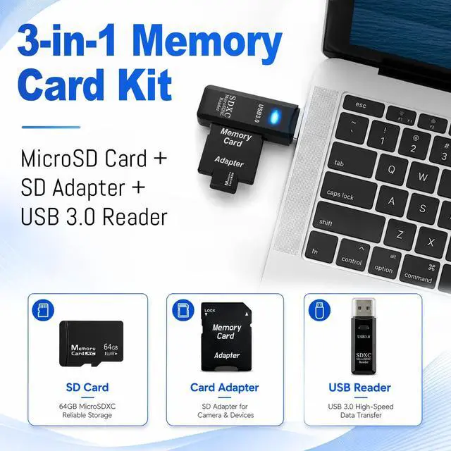 Alt view image 2 of 7 - 64GB Micro SD Card for Dashcam & Security Camera U3 V30 A1 | Reliable Class 10. Ideal for 1080p Video & Phones. Includes USB-A 3.0 Reader & SD Adapter.