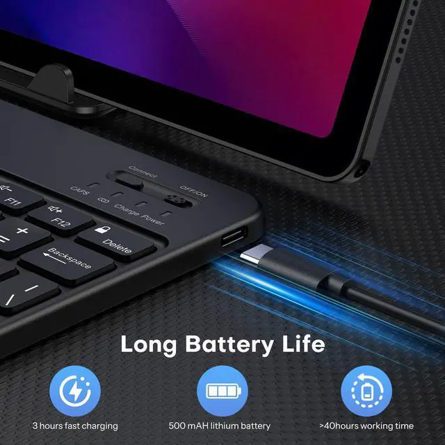 Alt view image 6 of 7 - Bluetooth Tablet Keyboard Rechargeable with Backlit, Oversize Keycap | Ultra-Slim Wireless Keyboard for Samsung Tablet, iPad, Smartphone, Android/iOS/Windows, Foldable Stand, Travel Office, Black